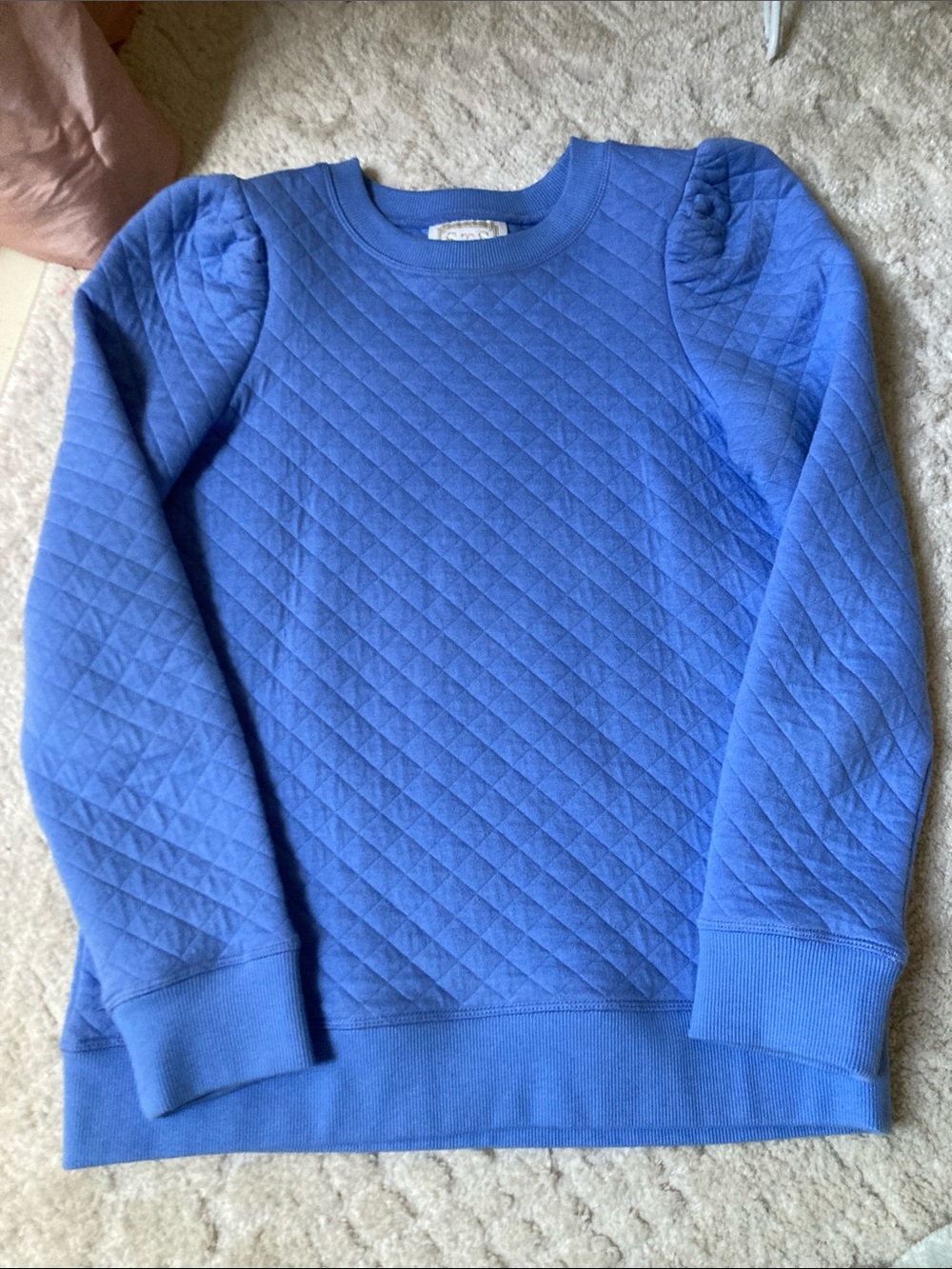 Sail to Sable Quilted  Carolina Blue Puff-Sleeve Crew Sweater